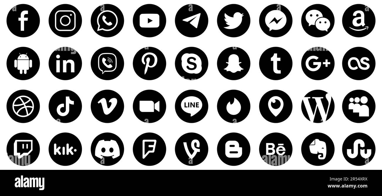 Vinnytsia, Ucraina - 16 maggio 2023. Set di icone dei social media più popolari: Facebook, Instagram, WhatsApp, YouTube, telegramma, Viber, Pinterest, Skype, Illustrazione Vettoriale