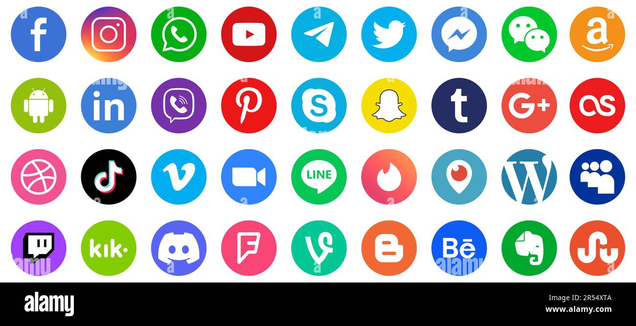 Vinnytsia, Ucraina - 16 maggio 2023. Set di icone dei social media più popolari: Facebook, Instagram, WhatsApp, YouTube, telegramma, Viber, Pinterest, Skype, Illustrazione Vettoriale