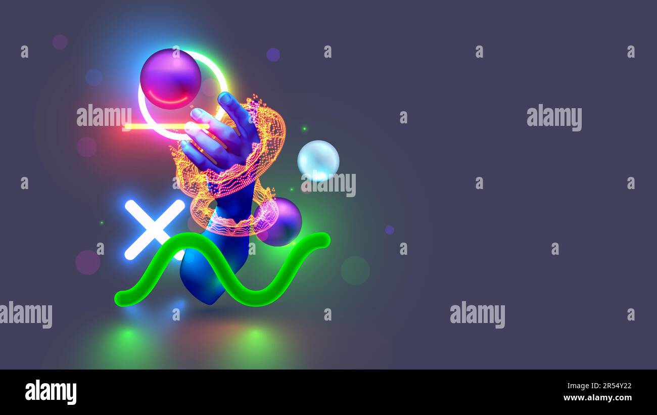 Sfondo tecnologico con figure geometriche digitali astratte in luci al neon. Il futuro della tecnologia. Utente manuale in VR 3D cyber-spazio interagisce Illustrazione Vettoriale