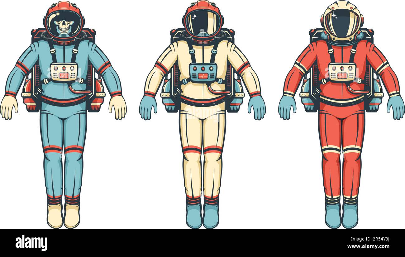 Astronauta in stile retrò in una tuta spaziale con jetpack Illustrazione Vettoriale