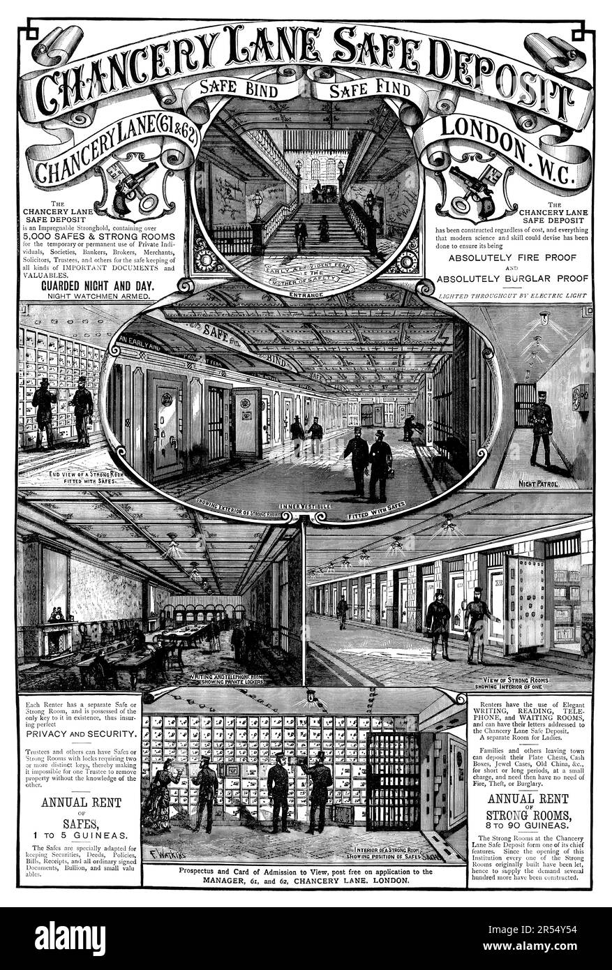 1887 Pubblicità britannica per il deposito sicuro di Chancery Lane a Londra, Inghilterra. Foto Stock