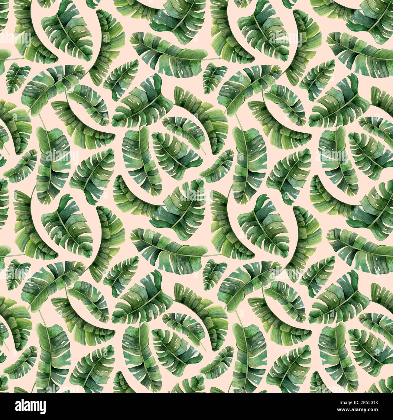 Foglie di palma tropicali in acquerello giungla senza cuciture sullo sfondo beige chiaro con piante verdi della foresta pluviale Foto Stock