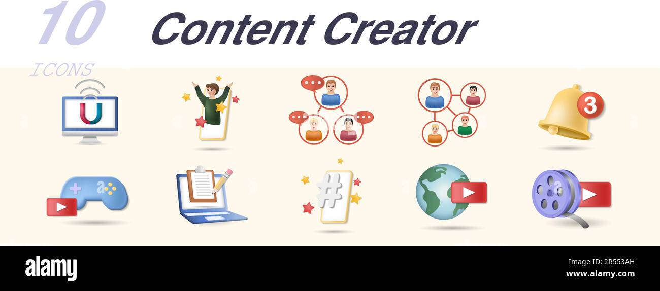 Set creatore di contenuti. Icone creative: Magnete, stella, comunità, social network, notifica, gamestream, copywriter, hashtag, mondo, film reel. Illustrazione Vettoriale