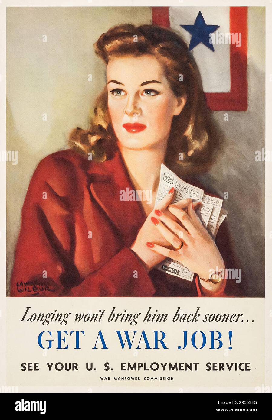 Propaganda americana della seconda guerra mondiale (U.S.A. Ufficio stampa governativo, 1944). Poster di propaganda "Get a War Job!" Opere d'arte di Lawrence Wilbur Foto Stock