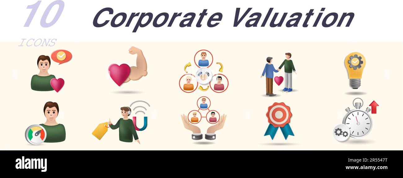 Insieme di valutazione aziendale. Icone creative: Onestà, audacia, collaborazione, fiducia, innovazioni, prestazioni, impegno del cliente, integrità, qualità Illustrazione Vettoriale