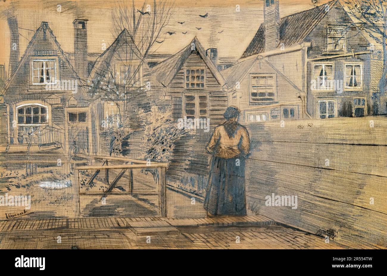 Vincent van Gogh, Case viste dalla finestra posteriore della Casa della Madre di Sien, disegno 1882 Foto Stock