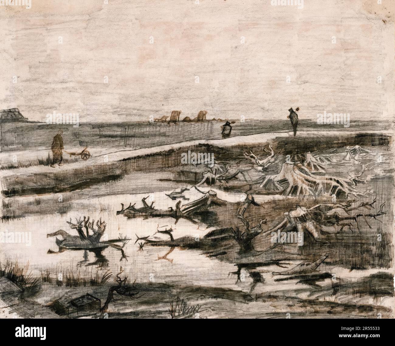 Vincent van Gogh, Paesaggio con Trunks Bog (Travaux aux Champs), disegno paesaggistico 1883 Foto Stock