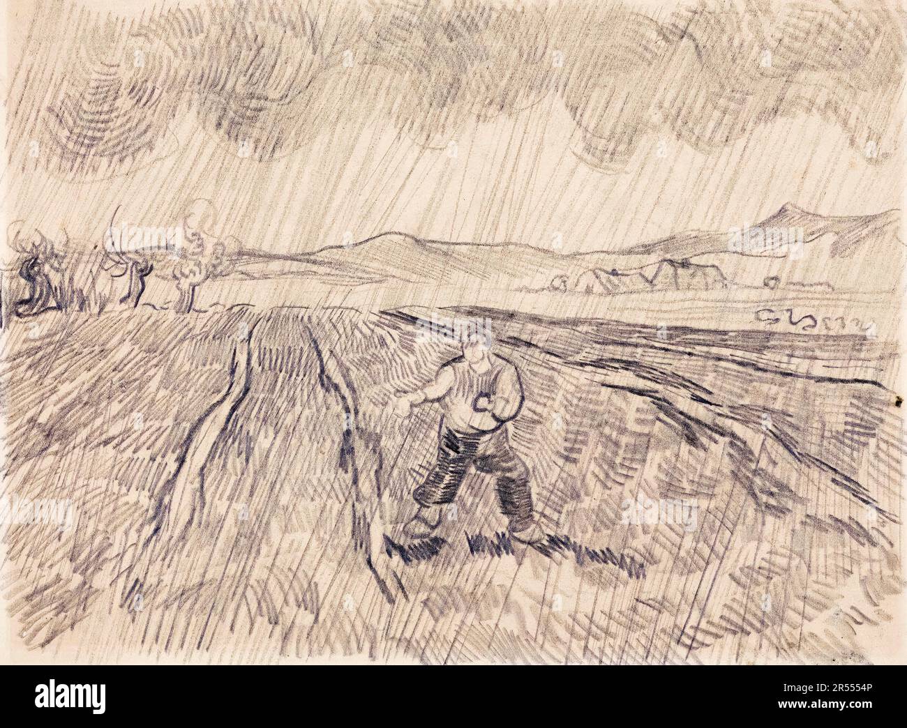 Vincent van Gogh, la pluie, (campo chiuso con un seminatore nella pioggia), disegno 1890 Foto Stock
