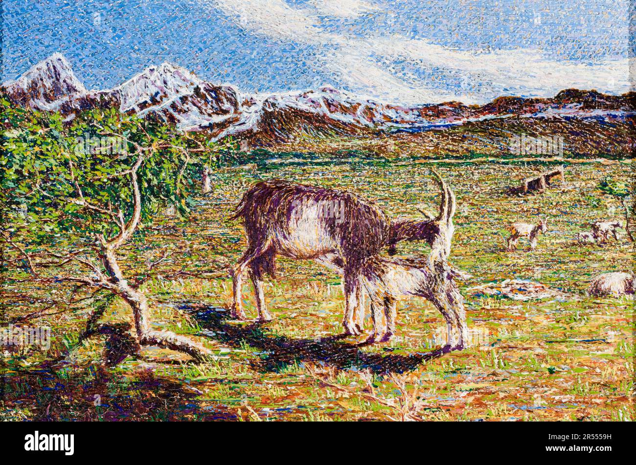 Giovanni Segantini, capre contro paesaggio, pittura 1891 Foto Stock