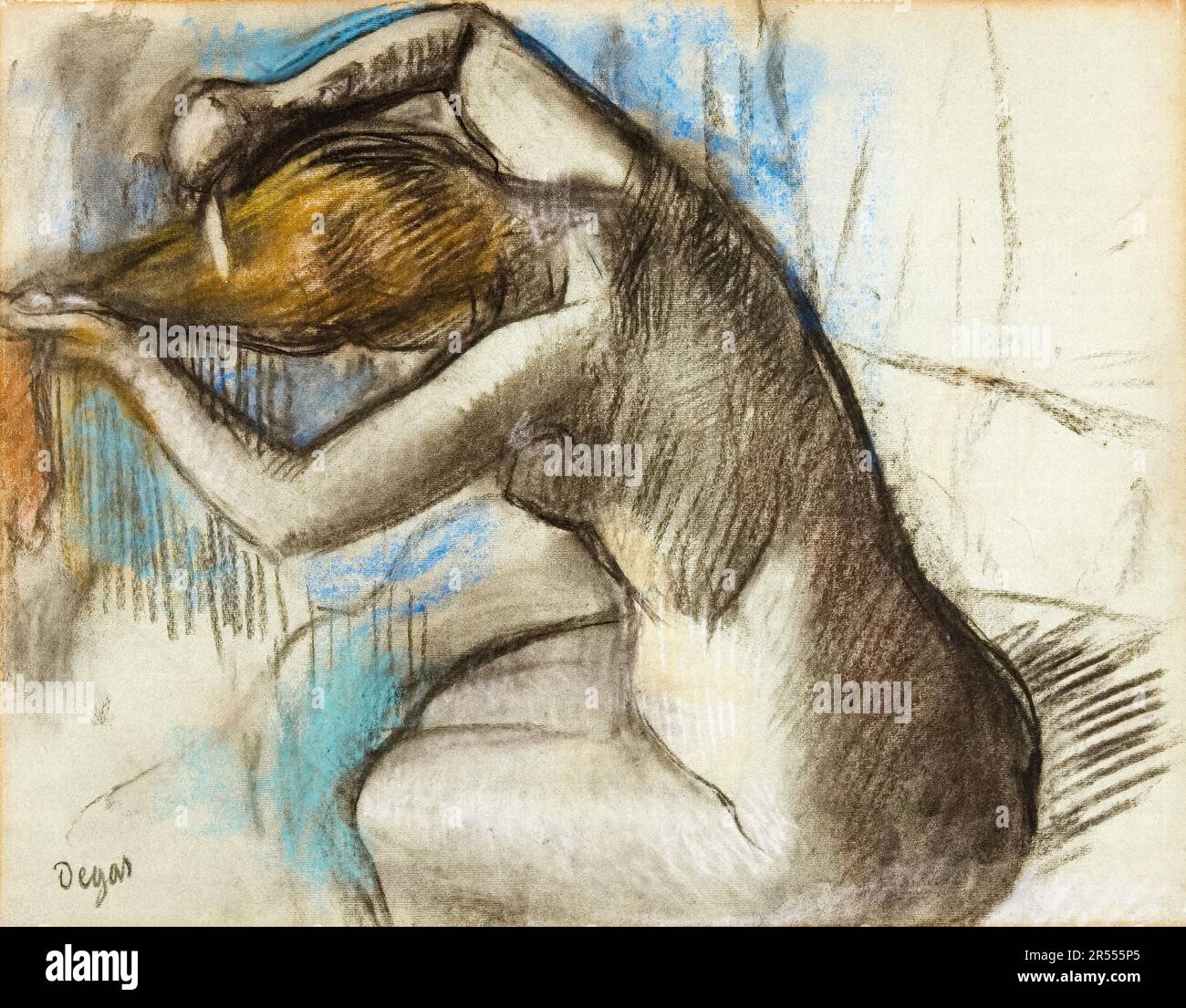 Edgar Degas, seduta nuda Donna spazzolando i suoi capelli, disegno 1885-1908 Foto Stock