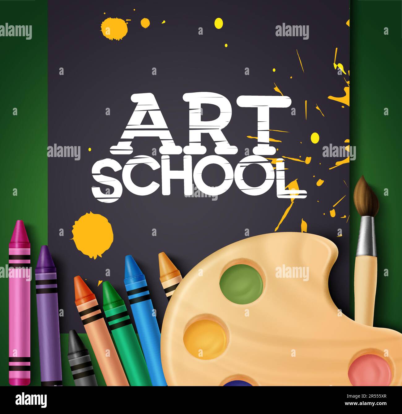 Scuola d'arte materiali disegno vettoriale. Tela nera con testo della scuola d'arte e splash di acquerello giallo ed elementi di pittura. Illustrazione vettoriale Illustrazione Vettoriale