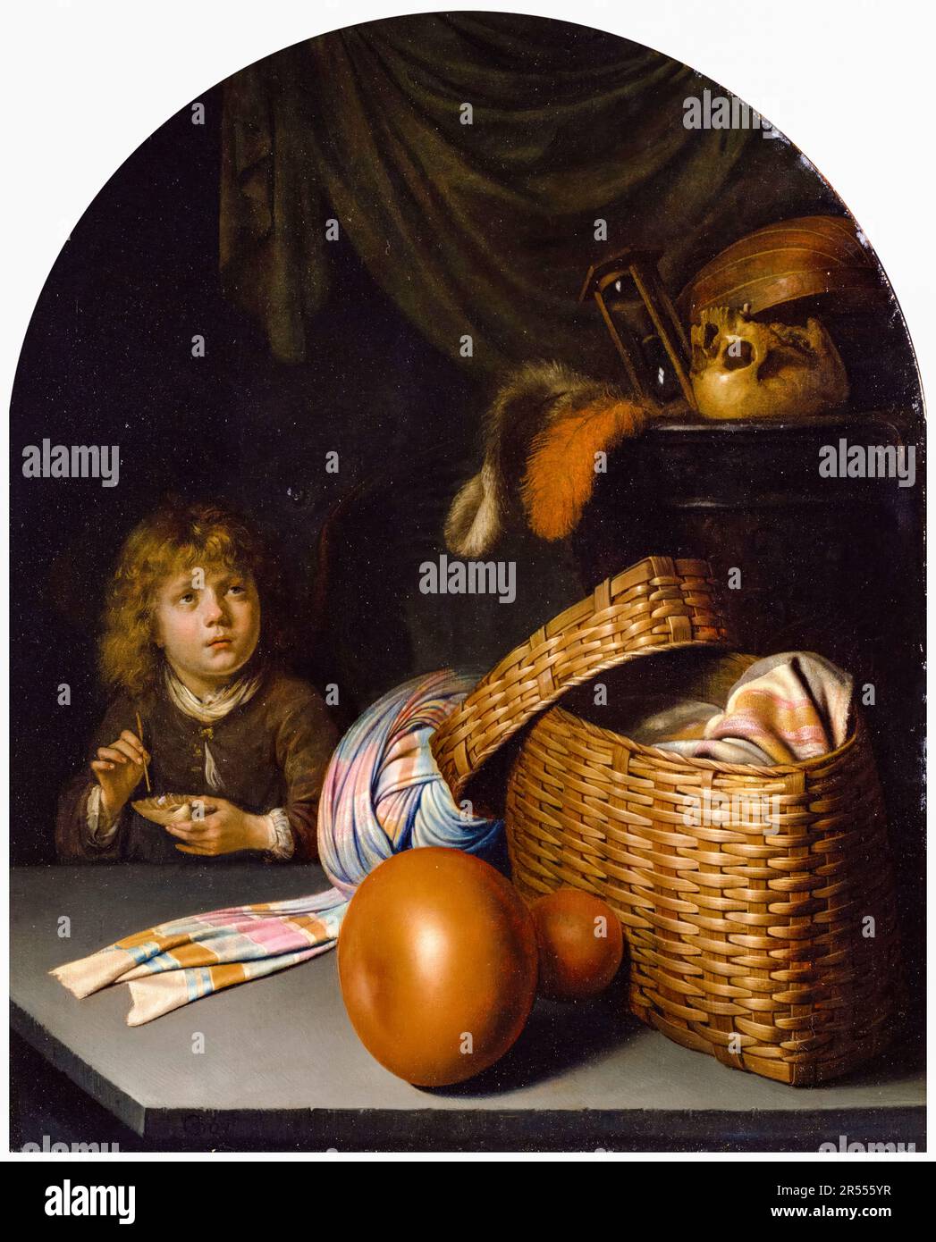Gerrit Dou, Still Life con un ragazzo soffiando bolle di sapone, pittura 1635-1636 Foto Stock