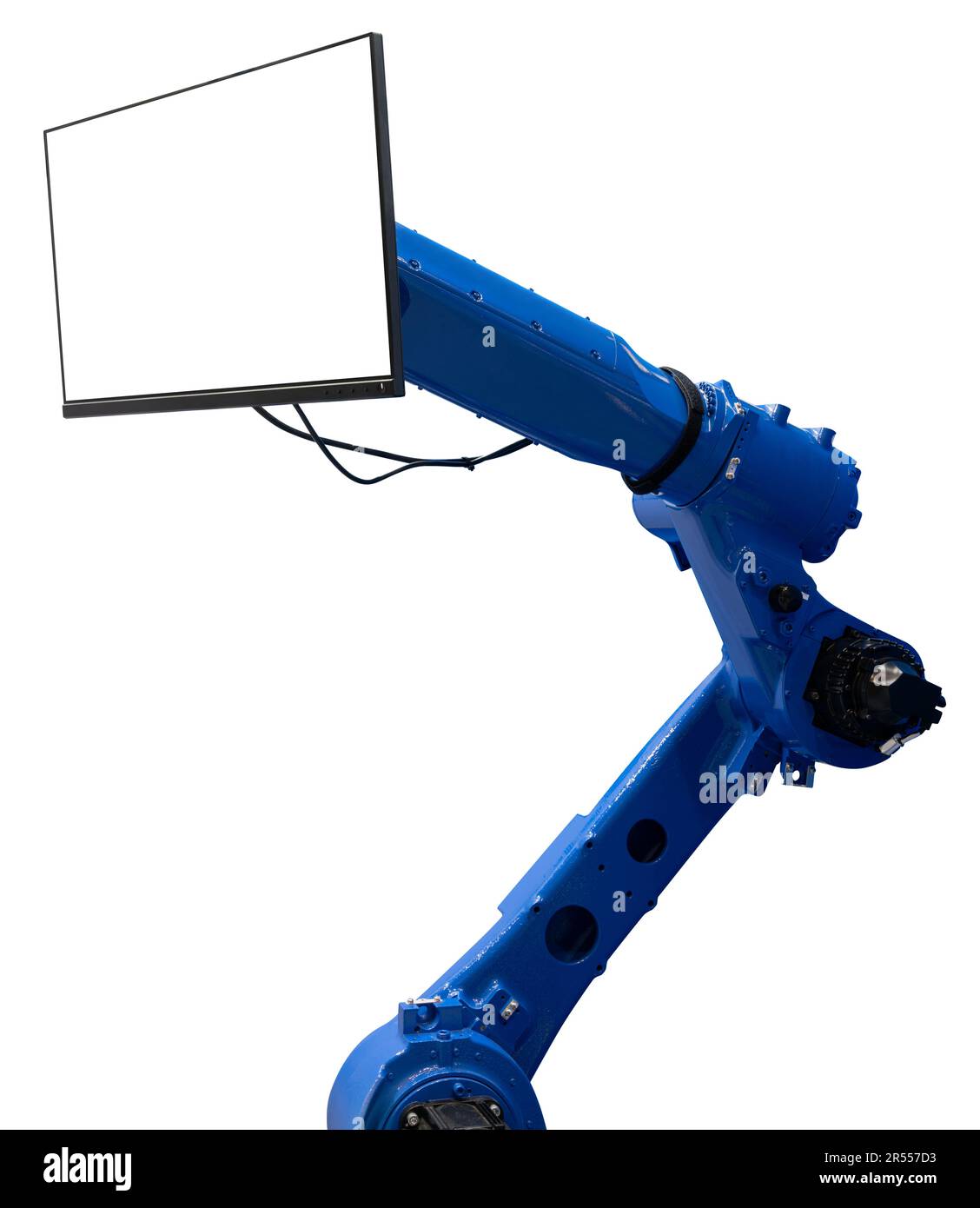Robot industriale blu con tablet digitale. Foto di alta qualità Foto Stock
