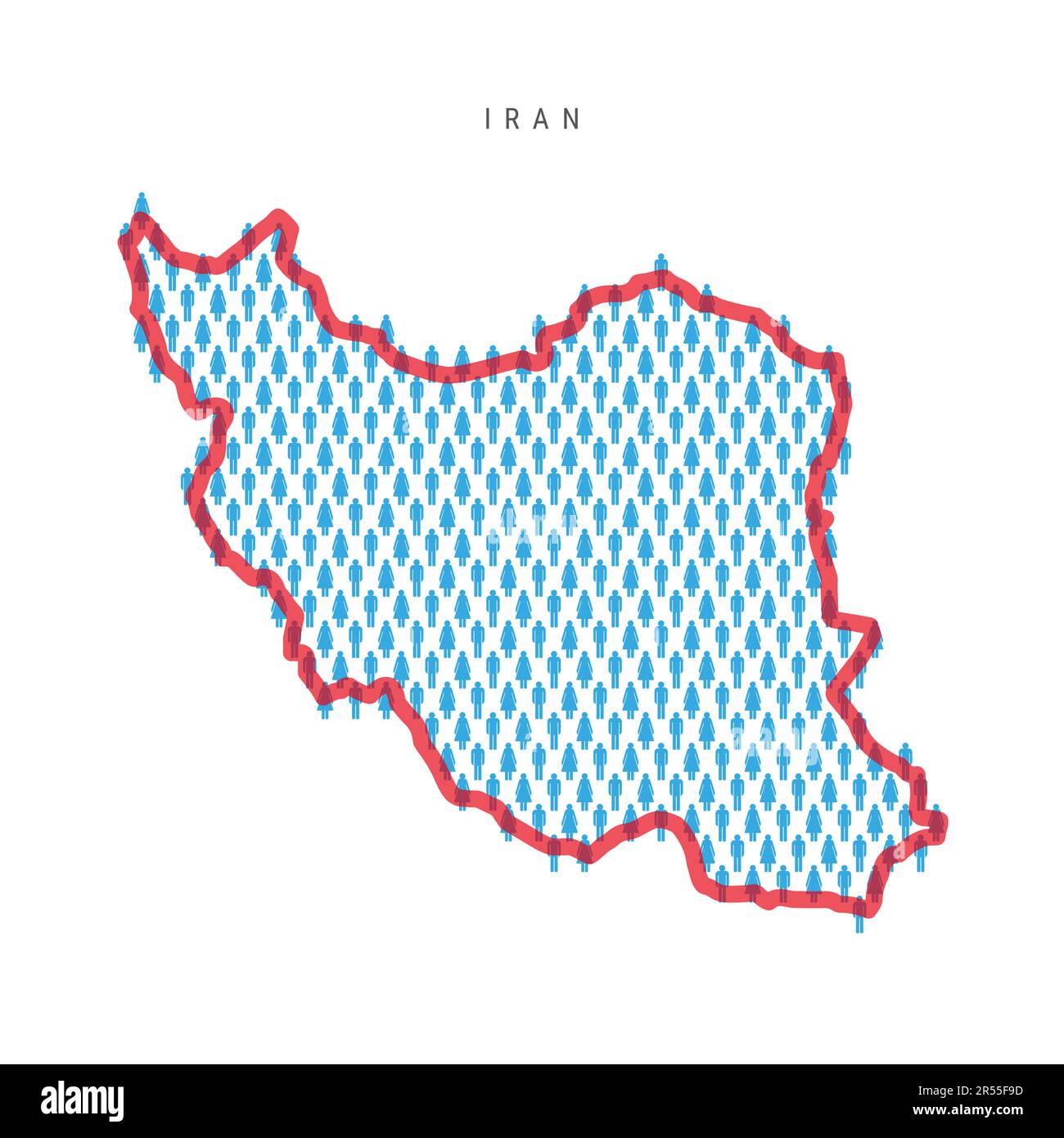 Mappa della popolazione dell'Iran. Stick figure popolo iraniano mappa con grassetto rosso traslucido confine paese. Modello di icone uomo e donna. Illust vettoriale isolato Illustrazione Vettoriale