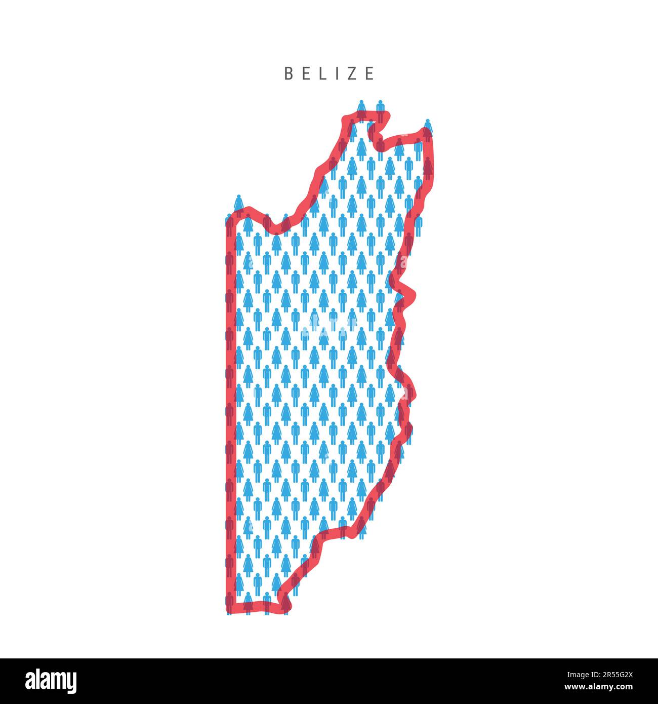 Belize mappa della popolazione. Stick figure Belizean persone mappa con grassetto rosso traslucido paese confine. Modello di icone uomo e donna. Vettore isolato ill Illustrazione Vettoriale