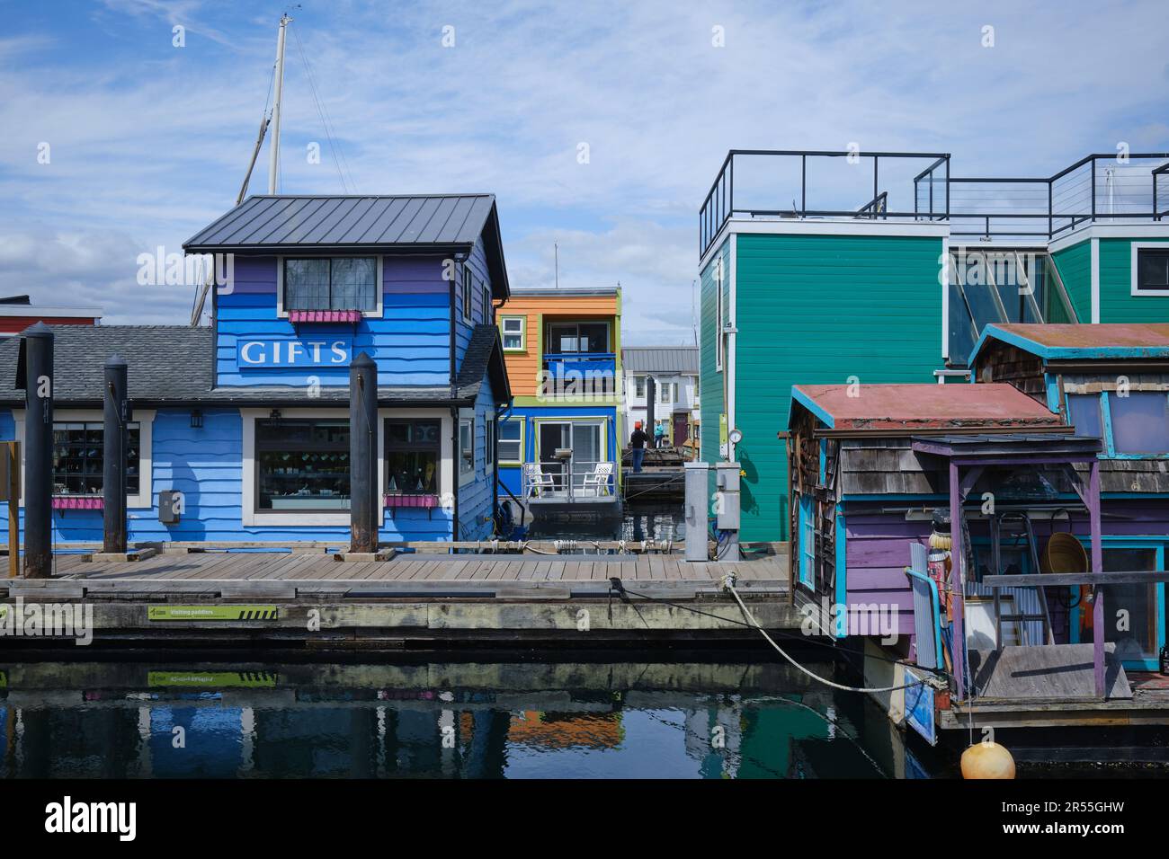 Edifici colorati a Fisherman's Wharf, Victoria, Vancouver Island, British Columbia, Canada Foto Stock
