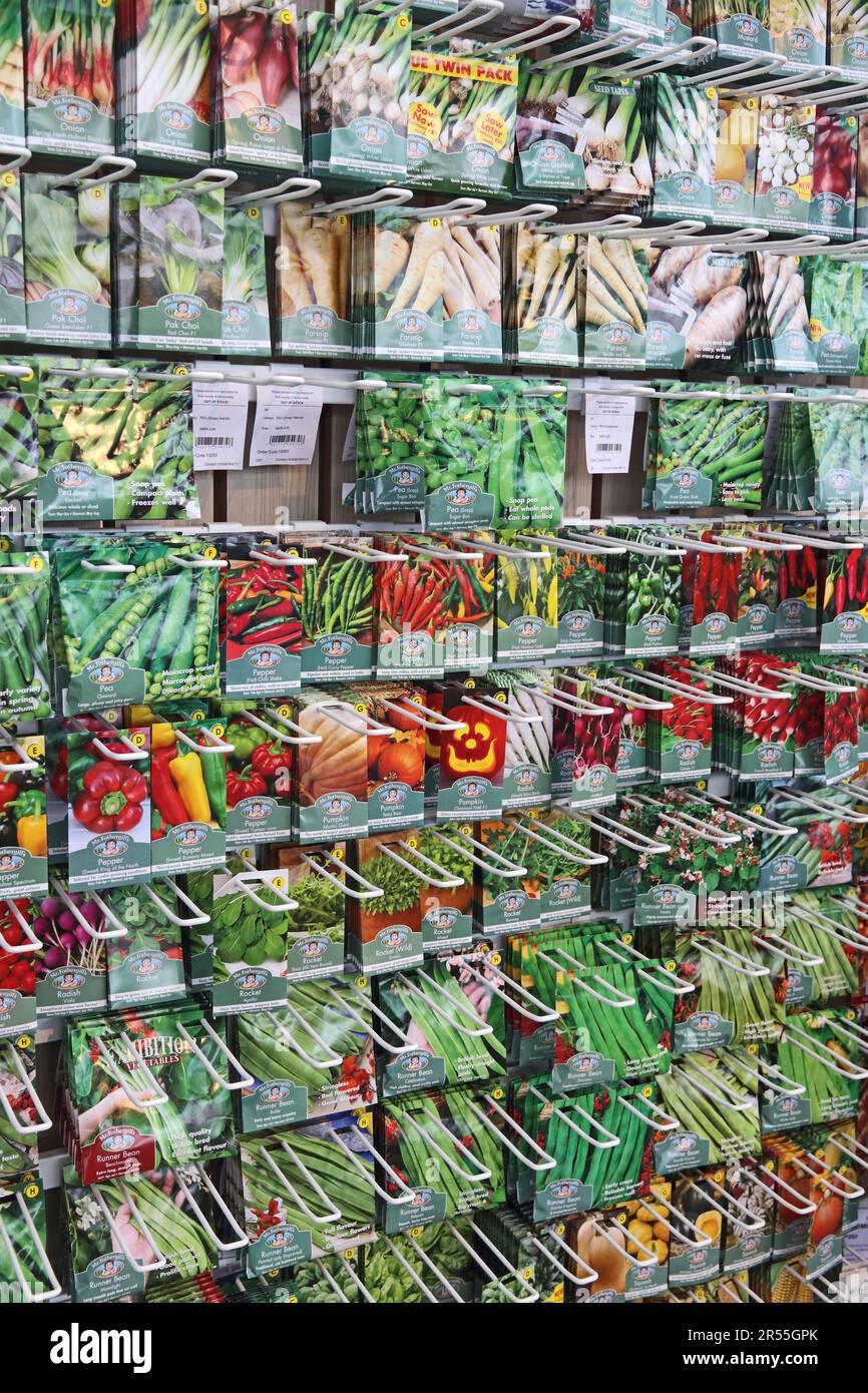 Esposizione di semi in vendita presso il centro giardino Foto Stock
