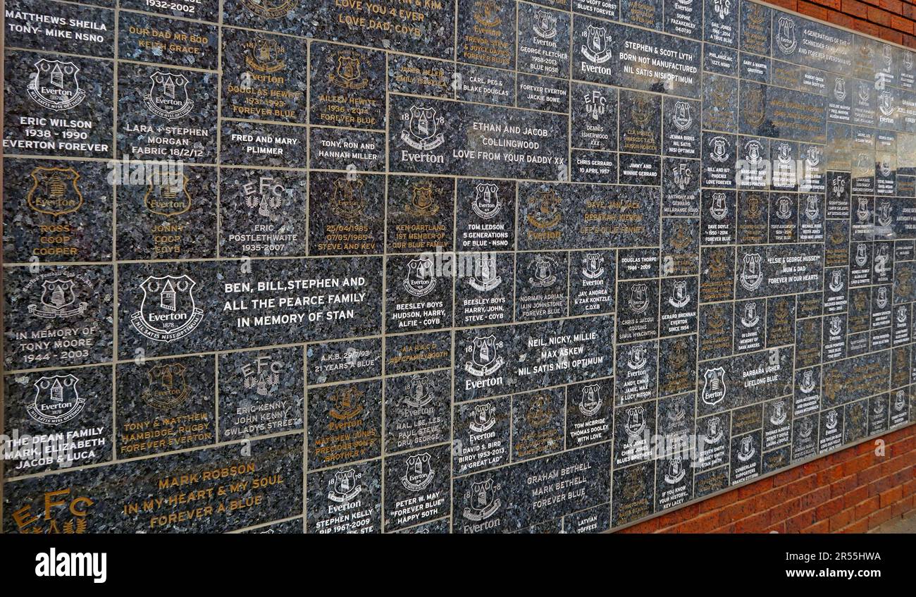 Targhe fan a EFC, Everton Football Club, Goodison Park Stadium, Goodison Rd, Liverpool , Merseyside, Inghilterra, Regno Unito, L4 4EL Foto Stock
