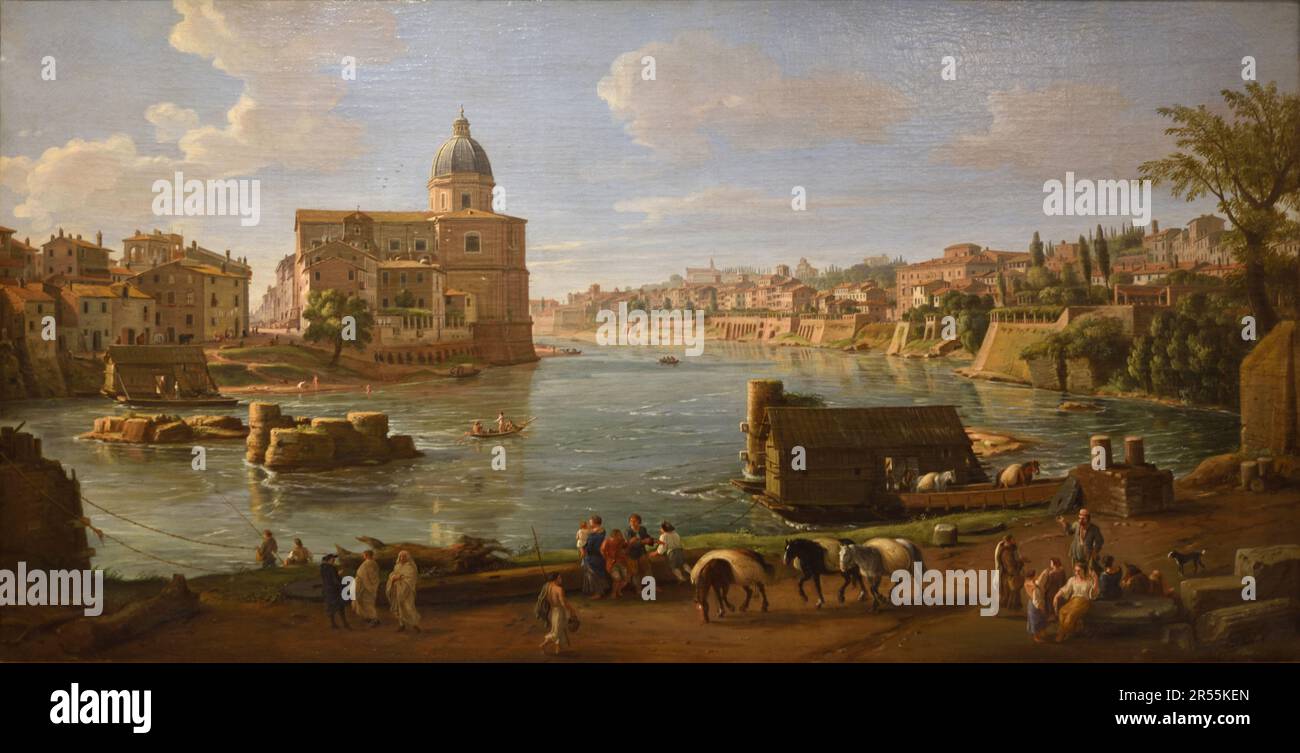 Veduta di Roma con Basilica di San Giovanni Battista dei Fiorentin e Tevere Roma Italia di Caspar van Wittel (1653-1736)(Musée Granet) Foto Stock