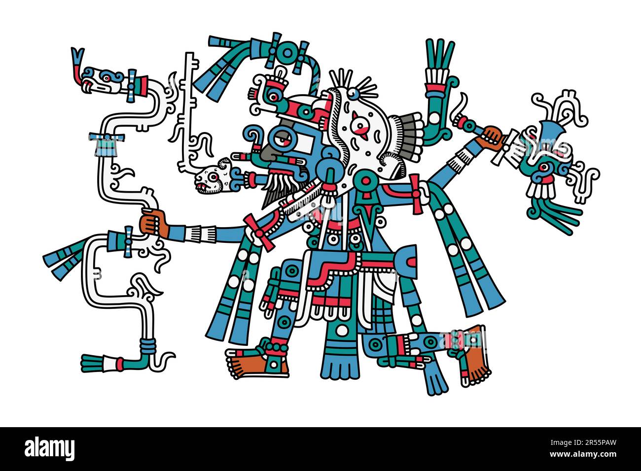 Tlaloc, dio azteco di fulmini, pioggia e terremoto, divinità della fertilità e dell'acqua. Viene mostrato con la pelle blu e indossando una maschera jaguar. Foto Stock