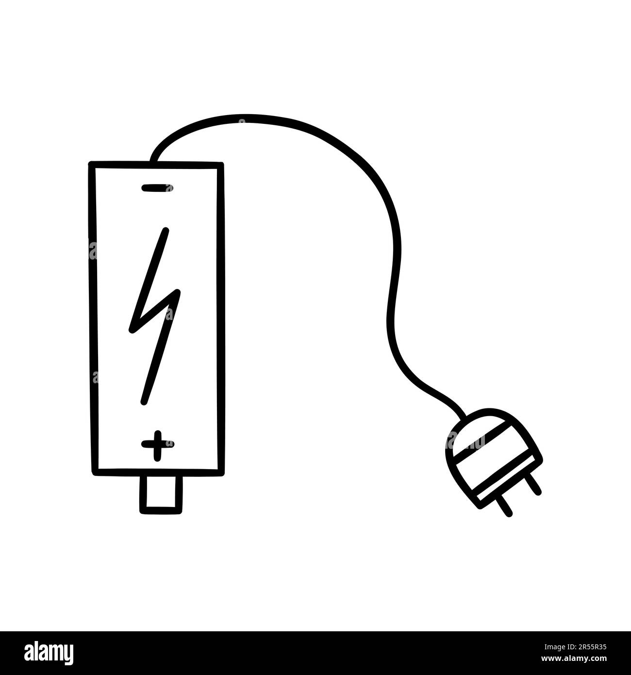 Batteria con cavo e spina elettrica. Concetto di stazione di ricarica. Disegno vettoriale bianco e nero isolato Doodle disegnato a mano Illustrazione Vettoriale