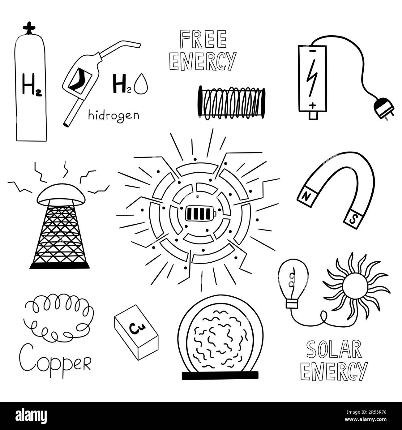 Insieme di elementi sul tema dell'energia libera, dell'alta tecnologia, dell'energia solare, dell'idrogeno e del rame. Alternativa e innovazione. Isolamento vettoriale bianco e nero Illustrazione Vettoriale
