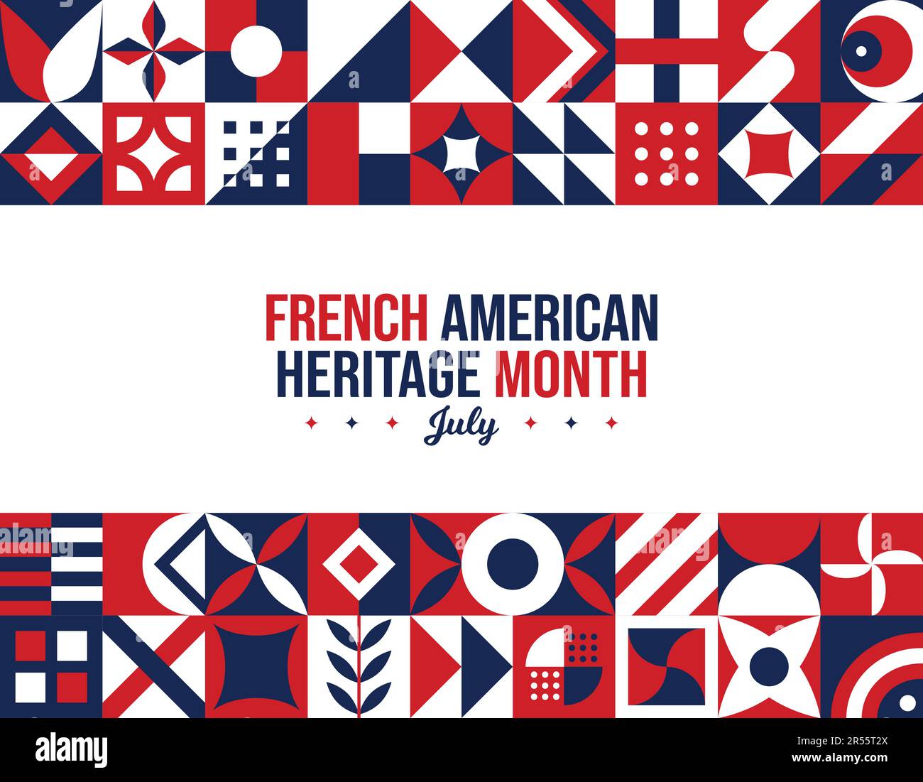 Storia del National French American Heritage Month. Poster della celebrazione della consapevolezza di luglio. Illustrazione del vettore banner astratto orizzontale. Neo geometrico p Illustrazione Vettoriale