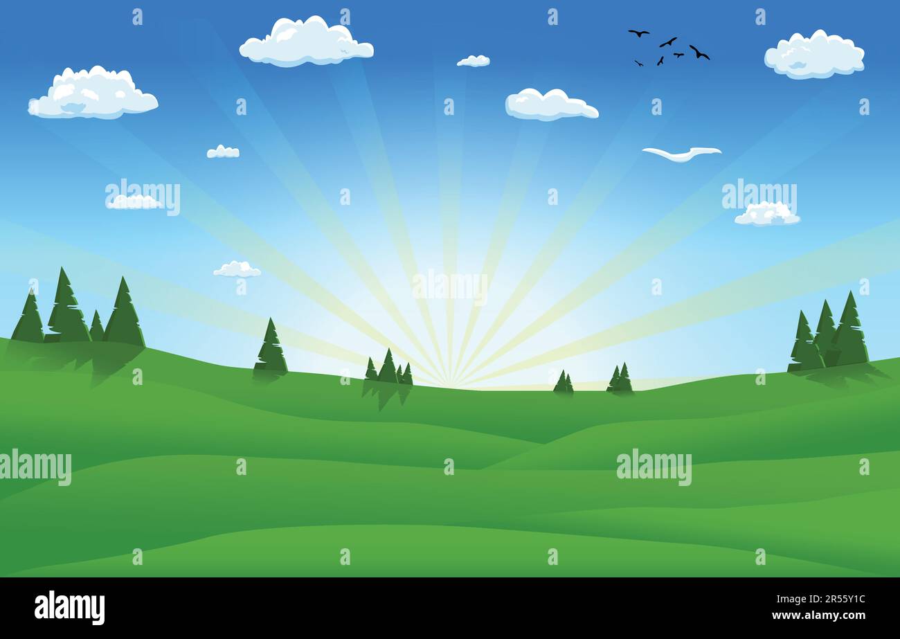 Paesaggio tramonto paesaggio cartoni animati sfondo di prati verdi e circondato da alberi Illustrazione Vettoriale