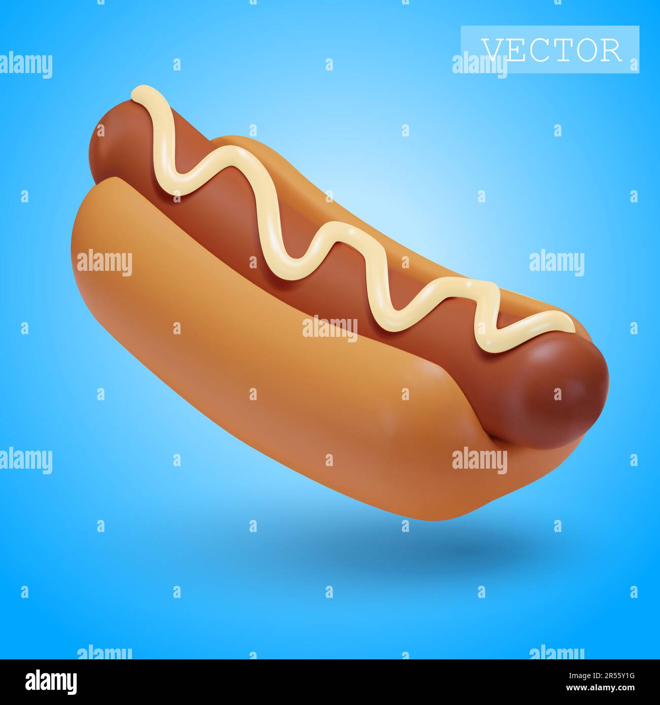 3D preparazione di un hot dog con salsa bianca, maionese. Fast food. Cibo grasso, malsano, malsano. Illustrazione luminosa in cartone animato, plastica, argilla 3D Illustrazione Vettoriale