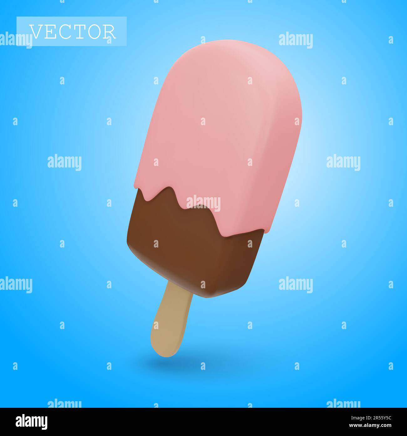 3D resa di papsiclo al cioccolato con glassa rosa e spruzzatura. Fast food, dolce, dessert estivo. Illustrazione luminosa in cartone animato, plastica, argilla 3D sty Illustrazione Vettoriale
