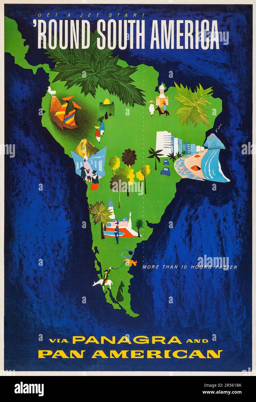 Mappa del Sud America - Get a Jet Start 'Round South America- Panagra (Pan American-Grace Airlines, 1960s). Poster di viaggio Foto Stock