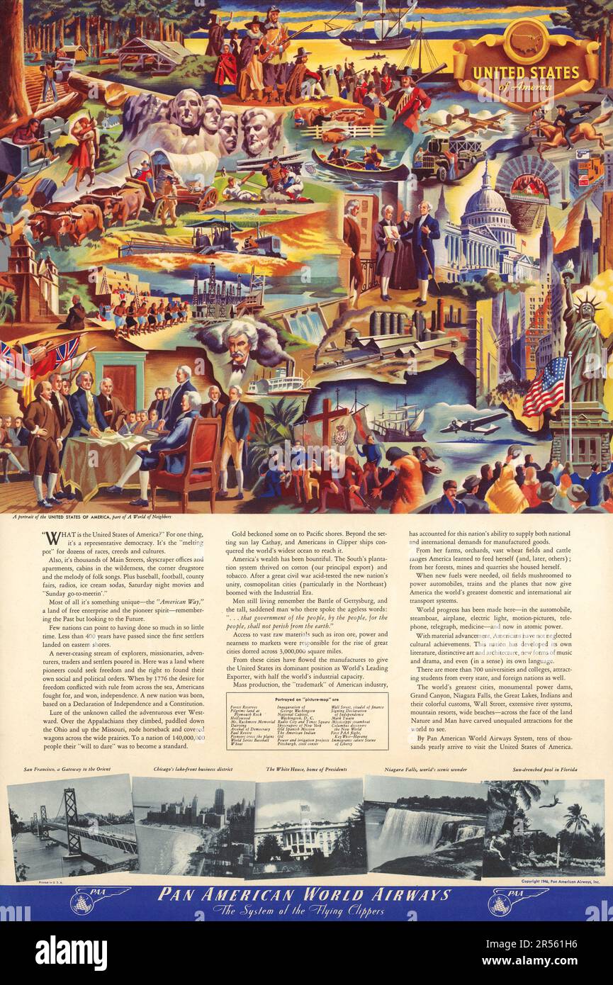 Pan American World Airways 1946 - Poster di viaggio America, Stati Uniti d'America. Mappa grafica. Ritratto degli Stati Uniti Foto Stock