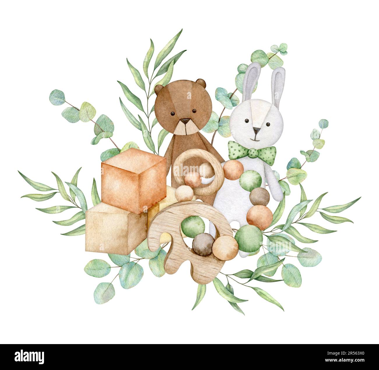 Baby card di benvenuto con bambola coniglietto e orso, giocattolo da dentizione, cubetti, eucalipto. Illustrazione disegnata a mano acquerello giocattoli ecologici per il bambino per la scheda, il poster Foto Stock