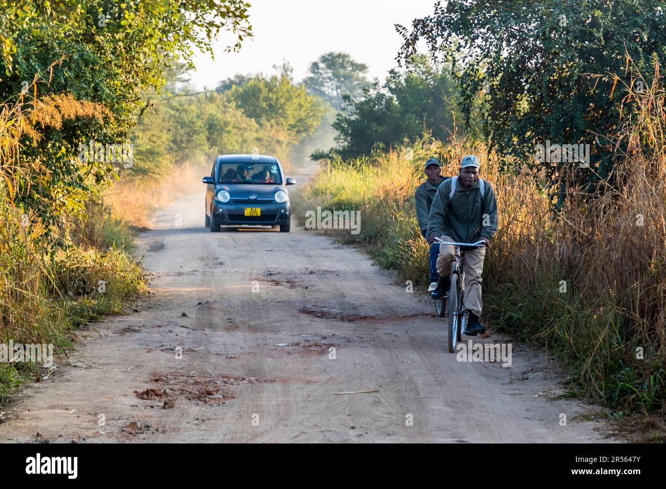 Un'auto e due ciclisti percorrono la strada sterrata di accesso al Parco Nazionale di Liwonde, Malawi, di prima mattina. Foto Stock