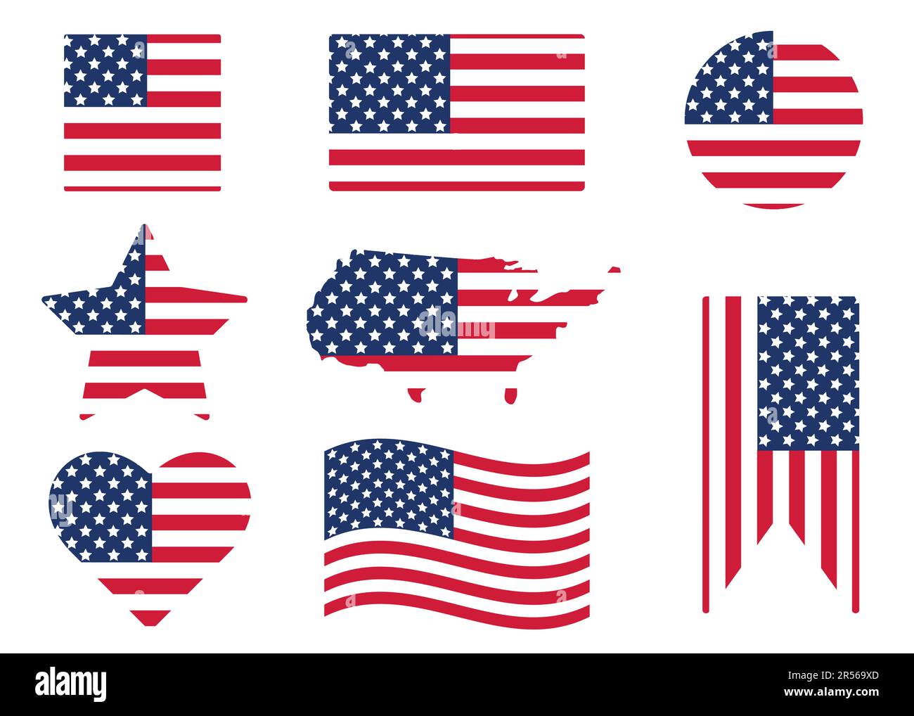 Varie bandiere americane sono isolate su sfondo bianco. Etichette di flag e forme diverse. Vettore dei simboli patriottici degli Stati Uniti Illustrazione Vettoriale