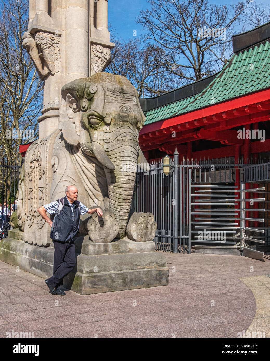 Ingresso allo zoo, l'uomo anziano si trova accanto alla scultura a grandezza naturale degli elefanti, Budapester strasse, Tiergarten, Mitte, Berlino Foto Stock