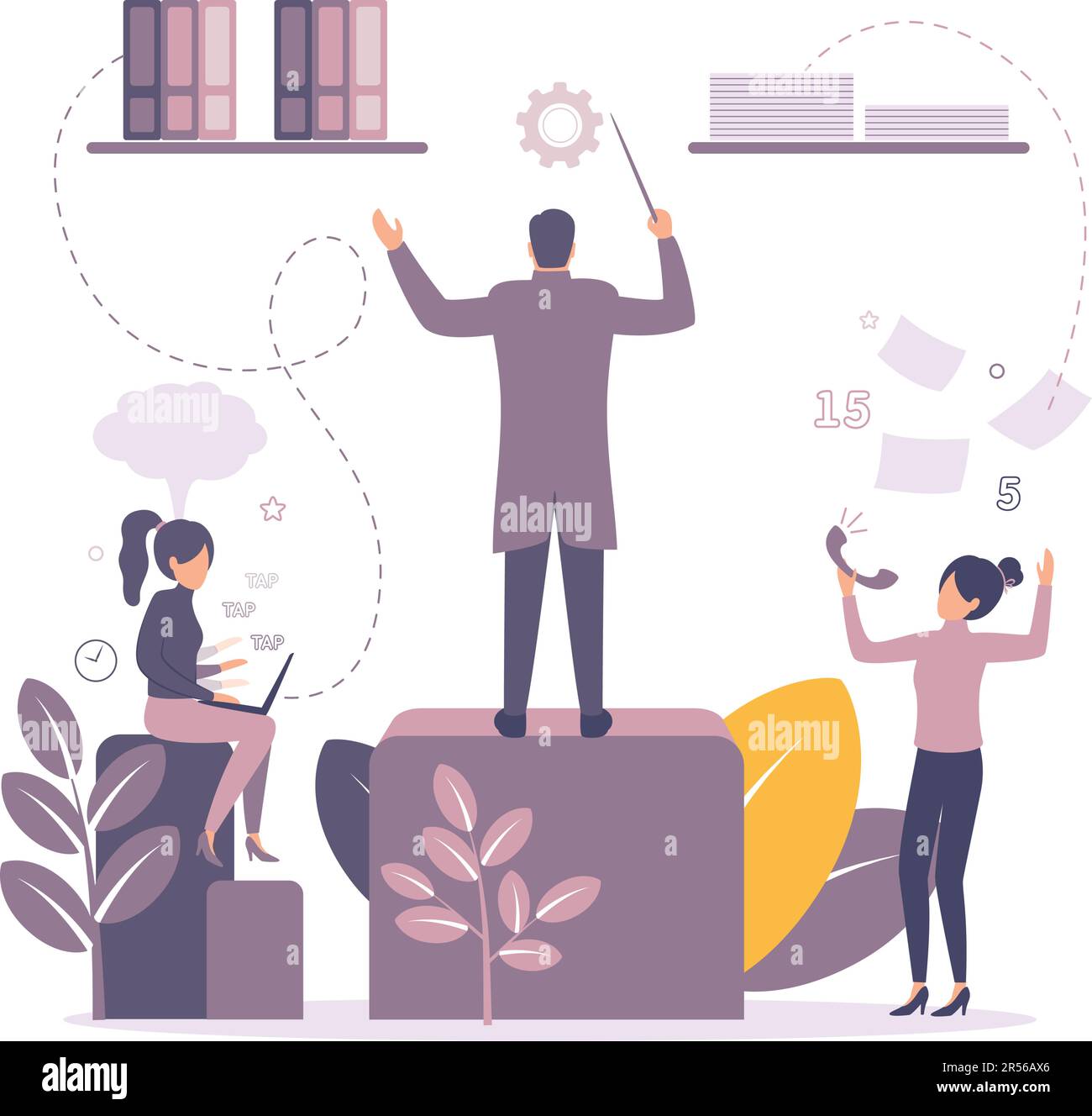 Controllo del caos. Un uomo guida il processo di lavoro. Il capo gestisce i dipendenti. Il manager comanda i subordinati. La ragazza lavora su un computer portatile. Il Illustrazione Vettoriale