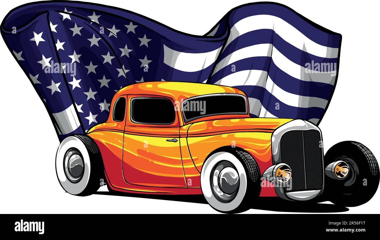 illustrazione vettoriale di auto hot rod con bandiera americana Illustrazione Vettoriale