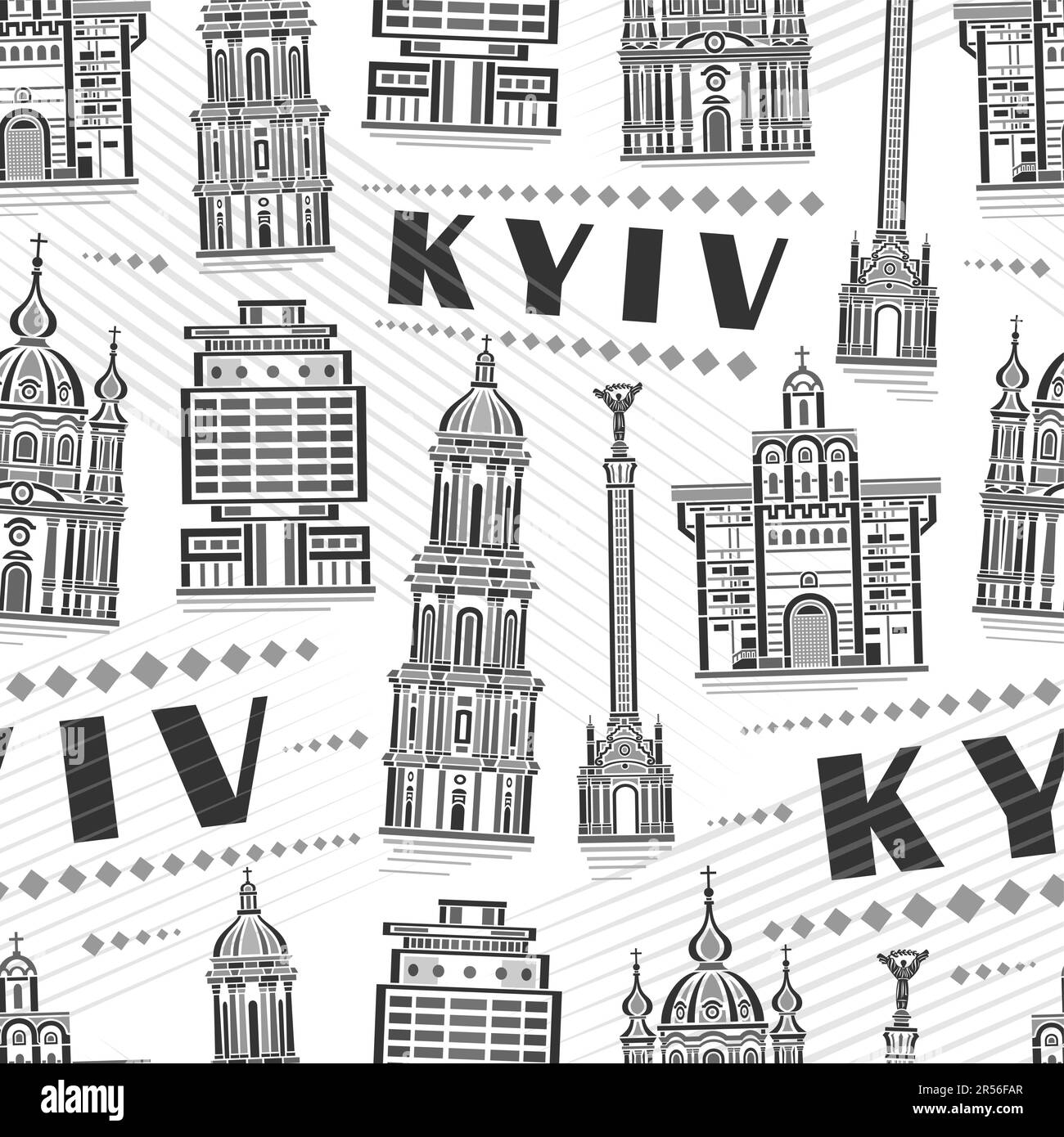 Vettore Kyiv senza cuciture modello, quadrato ripetizione sfondo con illustrazione del famoso paesaggio europeo di kyiv città su sfondo bianco per biancheria da letto, mono Illustrazione Vettoriale