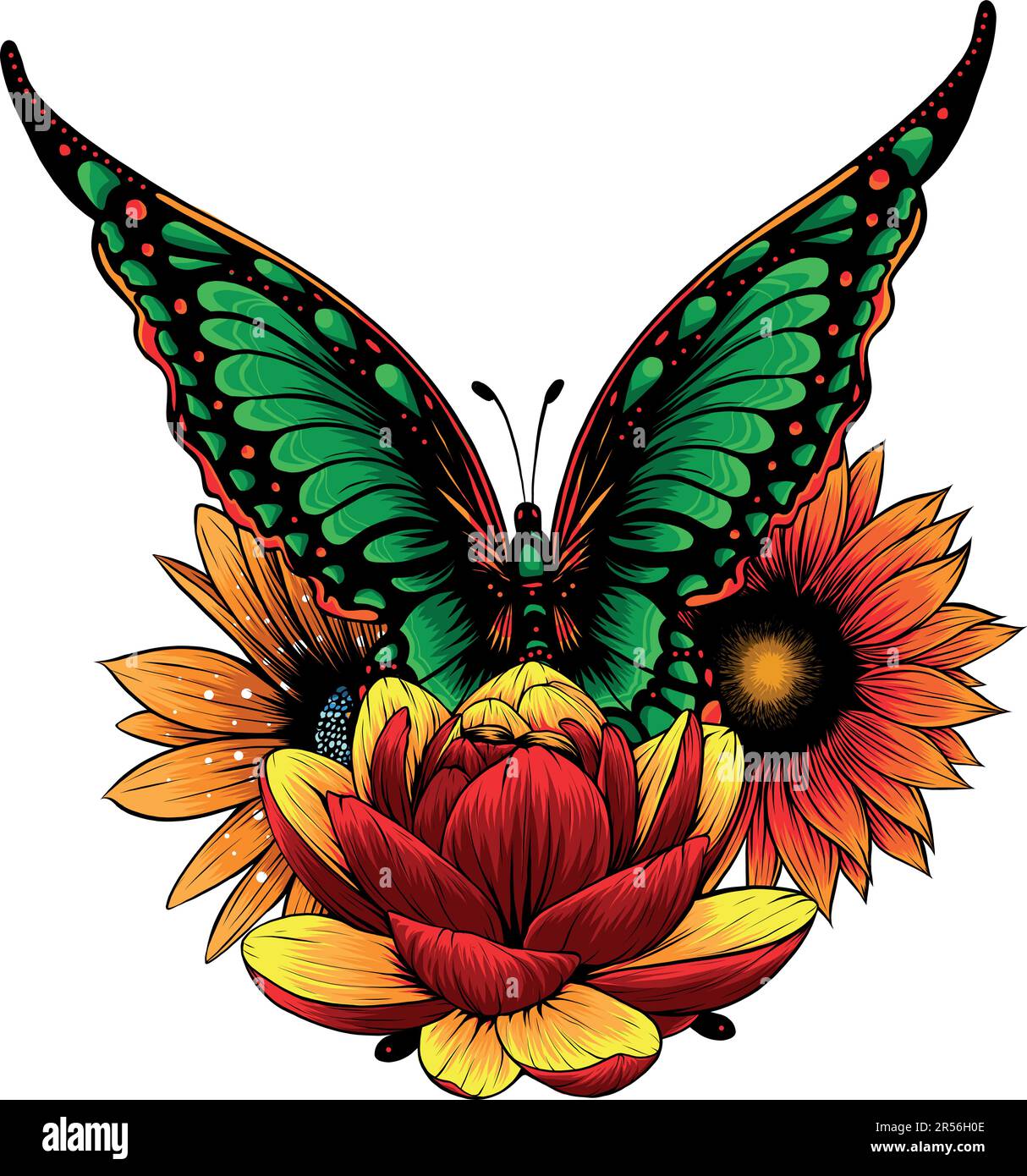 illustrazione vettoriale della farfalla sul disegno del fiore Illustrazione Vettoriale