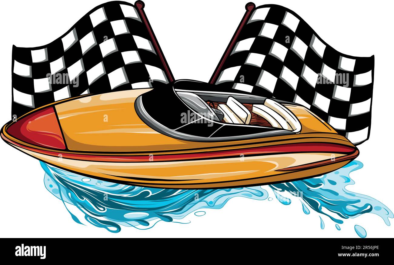 Illustrazione vettoriale delle barche da corsa con bandiera di arrivo Illustrazione Vettoriale