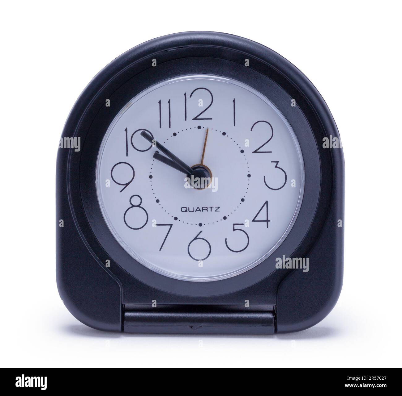 Black Travel Alarm Clock Cut out on White. Foto Stock
