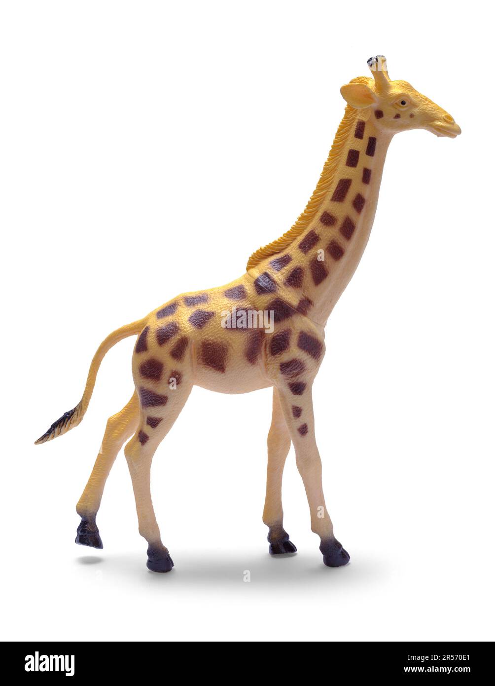 Giraffa in plastica con intaglio sul bianco. Foto Stock