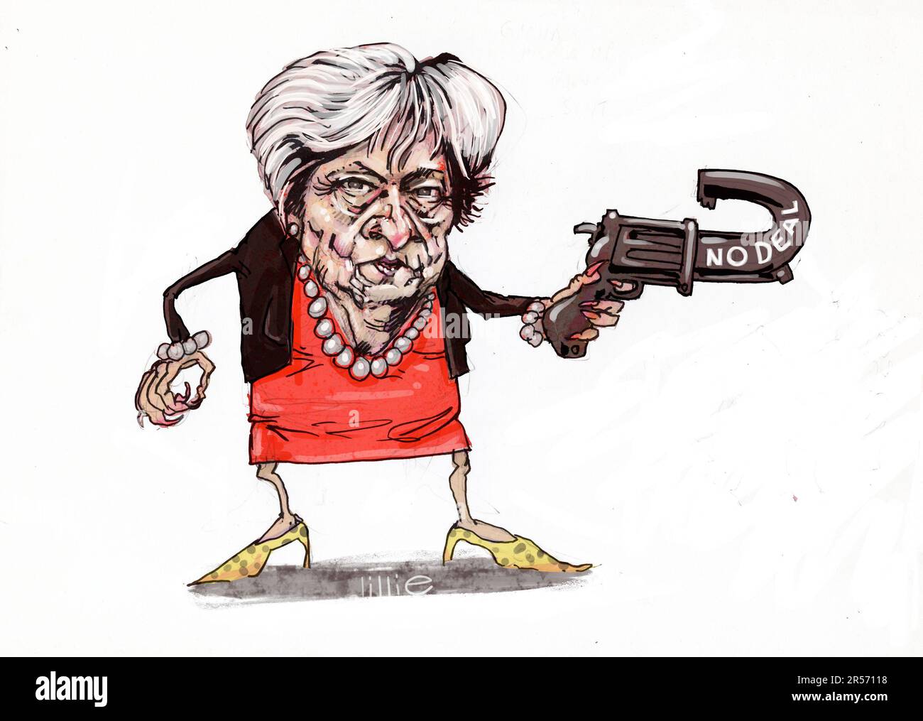 Arte satirica della caricatura dell’ex primo ministro del Regno Unito, Theresa Mary, deputato di Maidenhead, che detiene la Brexit non è una pistola d’accordo con il barile invertito. Foto Stock
