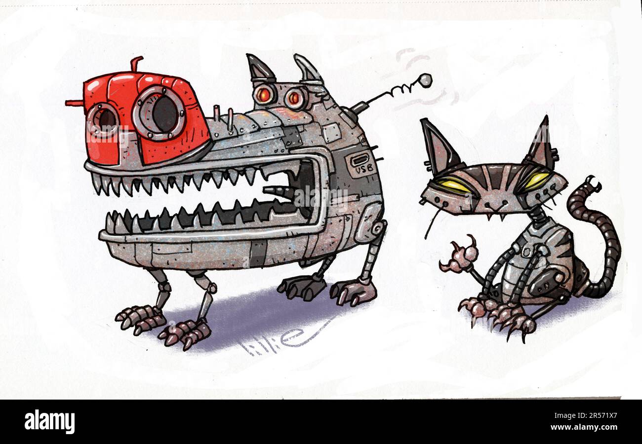 Illustrazione di animali meccanici, animali cibernetici, cani da mecha, gatti macchine, forme di vita artificiali, Robot cane & gatto robot, Steampunk cyberpunk Foto Stock Illustrazione di animali meccanici, animali cibernetici, cani da mecha, gatti macchine, forme di vita artificiali, Robot cane & gatto robot, Steampunk cyberpunk Foto Stock