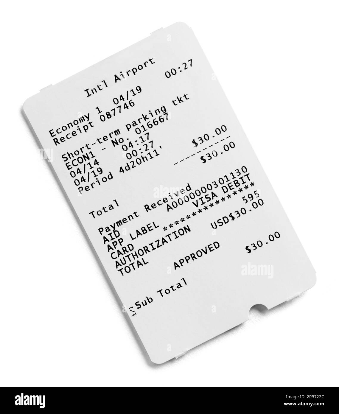 Ricevuta cartacea per la scheda del biglietto di parcheggio ritagliata in bianco. Foto Stock