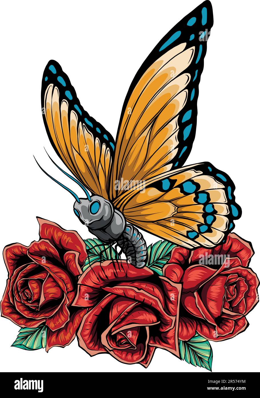 Illustrazione vettoriale di farfalle e rose su sfondo bianco Illustrazione Vettoriale