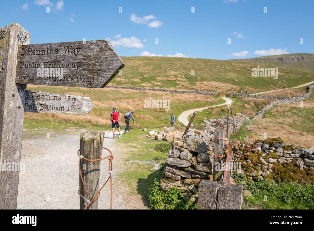 Camminatori sul sentiero anche Pen-y-Ghent, una delle tre vette dello Yorkshire. Foto Stock