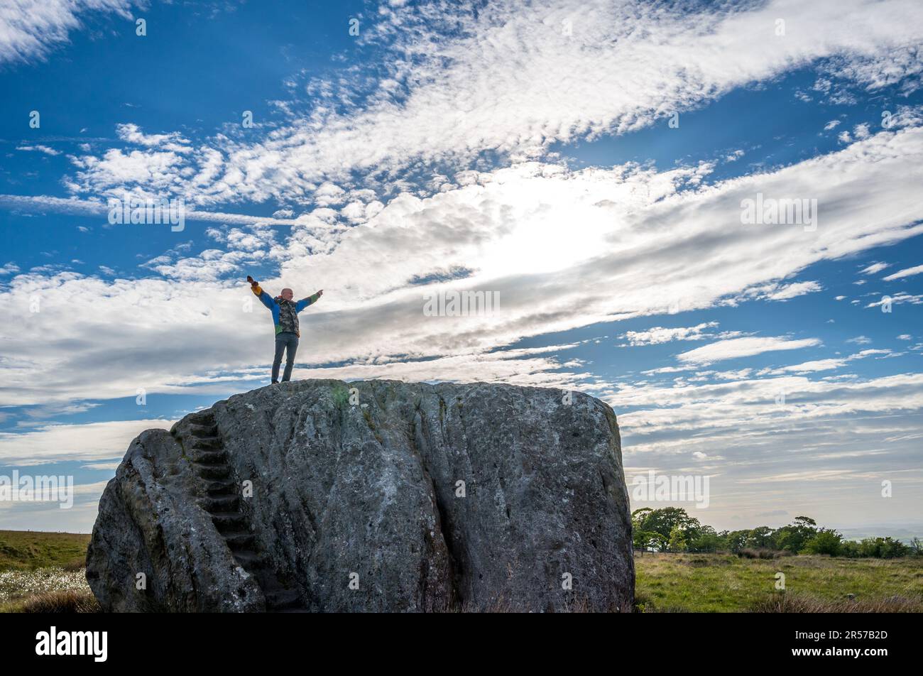 Uomo in piedi sulla Grande pietra di Fourstones, o la Grande pietra che è un deposito glaciale sulle brughiere di Tatham Fells, Inghilterra. Foto Stock