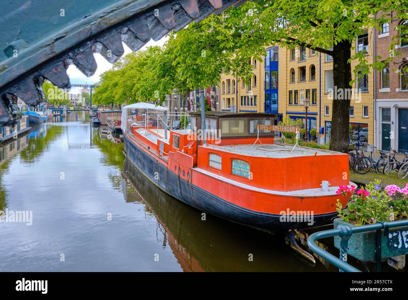 Amsterdam, Olanda del Nord, Paesi Bassi - Maggio 24 2023. Canal House barche sotto un baldacchino di alberi che fiancheggiano il canale Brouwersgracht in primavera. Foto Stock